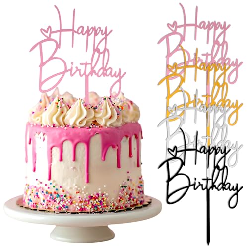 Nogeqi 4 Stück Happy Birthday Tortendeko, Acryl Tortendeko Geburtstag Torten Deko Happy Birthday Cake Topper Wiederverwendbare (Gold, Roségold, Silber & Schwarz) für Geburtstagsfeiern 14,5x10cm