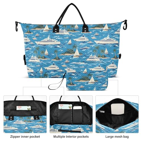 Weekender Bags Travel Duffel Gym Bag Ships Tropical Islands Sea Blue Carry on Overnight Tote Bag with Toiletry Bag for Airplane Travel Trip Gym Yoga2