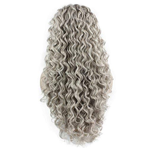 MX angel Long Heat Resistant Synthetic Hair Celebrity Silver Gray Stylish Curly Lace Front Wig
