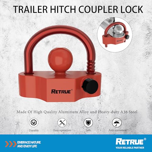 Image of RETRUE Universal Coupler Lock Trailer Locks Ball Hitch Trailer Hitch Lock Adjustable Security Heavy-Duty Steel Fits 1-7 /8 Inch, 2 Inch, 2-5 /16 Inch Couplers Red & Red