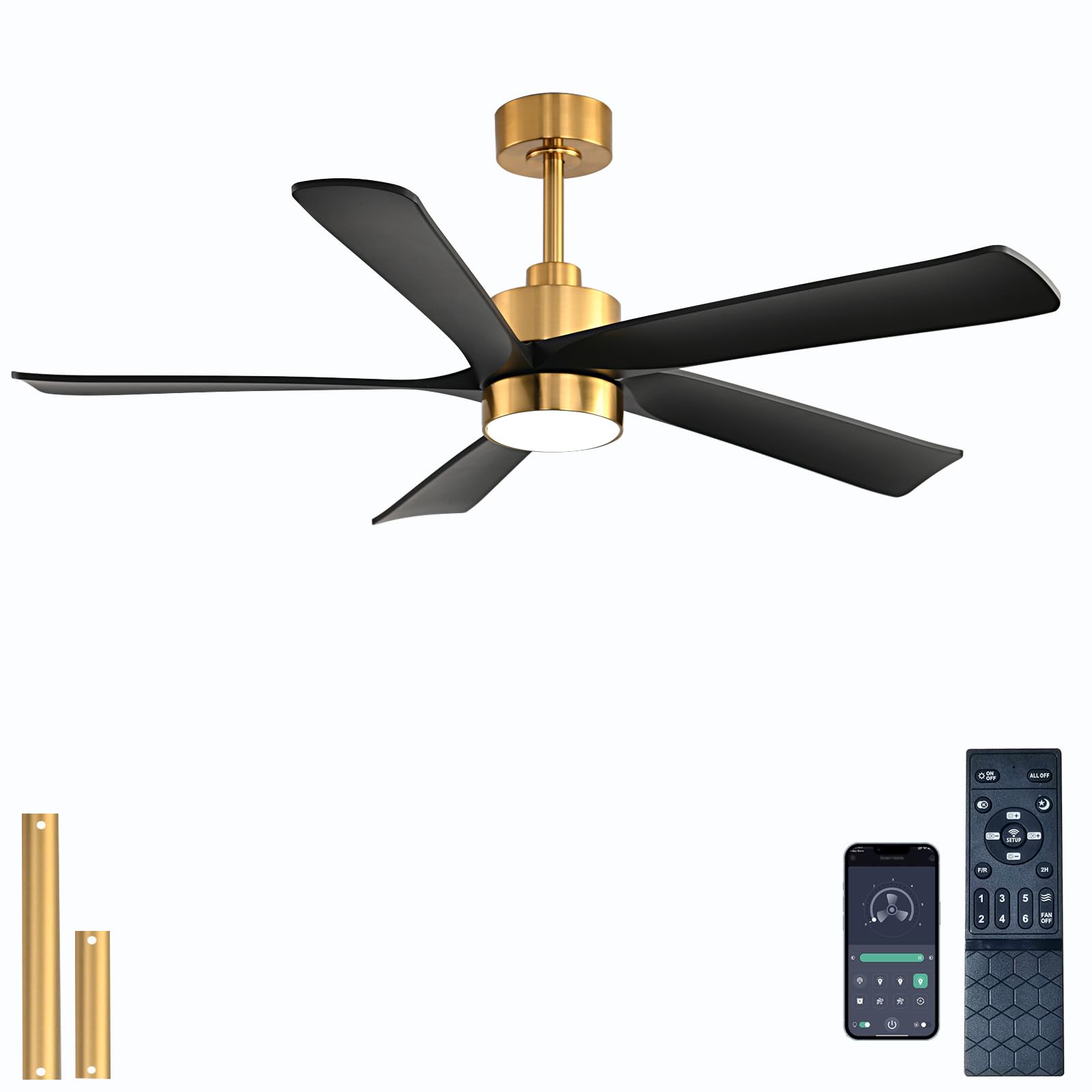 52 inch Black Ceiling Fan with Lights and Remote Control,Dimmable 3 Color temperatures LED,6 Speed Reversible DC Motor,5 Blades Modern Ceiling Fan for Indoor or Covered Outdoor