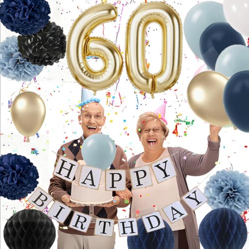 Image of 60th Birthday Decorations for Men -Black Royal Blue 60 birthday party supplies for Happy man with Fabulous Champagne Gold Balloons Tissues Pom poms Decor (Navy blue +Gold)