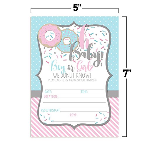 Pink & Blue Donut Gender Reveal Baby Shower Invitations, 20 5"X7" Fill In Cards With Twenty White Envelopes By Amandacreation #TOP4