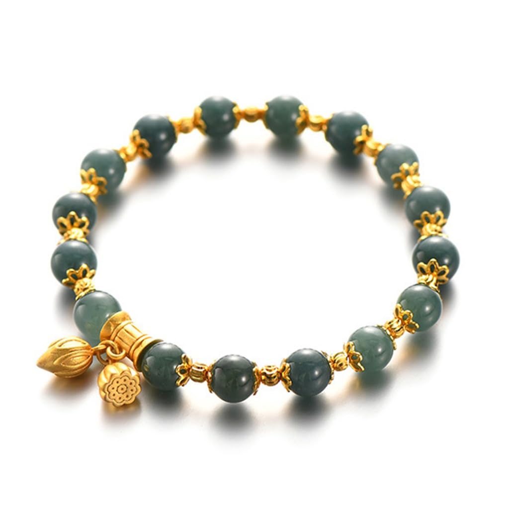 MOCHAMIK Bracciale con Cordino in Giada con Fiori retrò in Argento 925, Braccialetto di buona Fortuna a Due Mondi