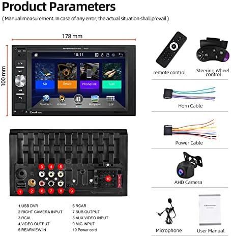 Double Din Car Stereo with Wired Carplay / Android Auto, 6.2" Multimedia Touch Screen Car Radio Universal MP5 Player Support Mirror Link Bluetooth USB FM SWC MIC + AHD Reversing Camera