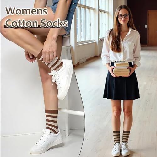Image of Womens Striped Crew Socks, Cute Vintage Retro Mid Calf Boot Socks for Women Ladies 5 /6 Pairs, Size 5-10