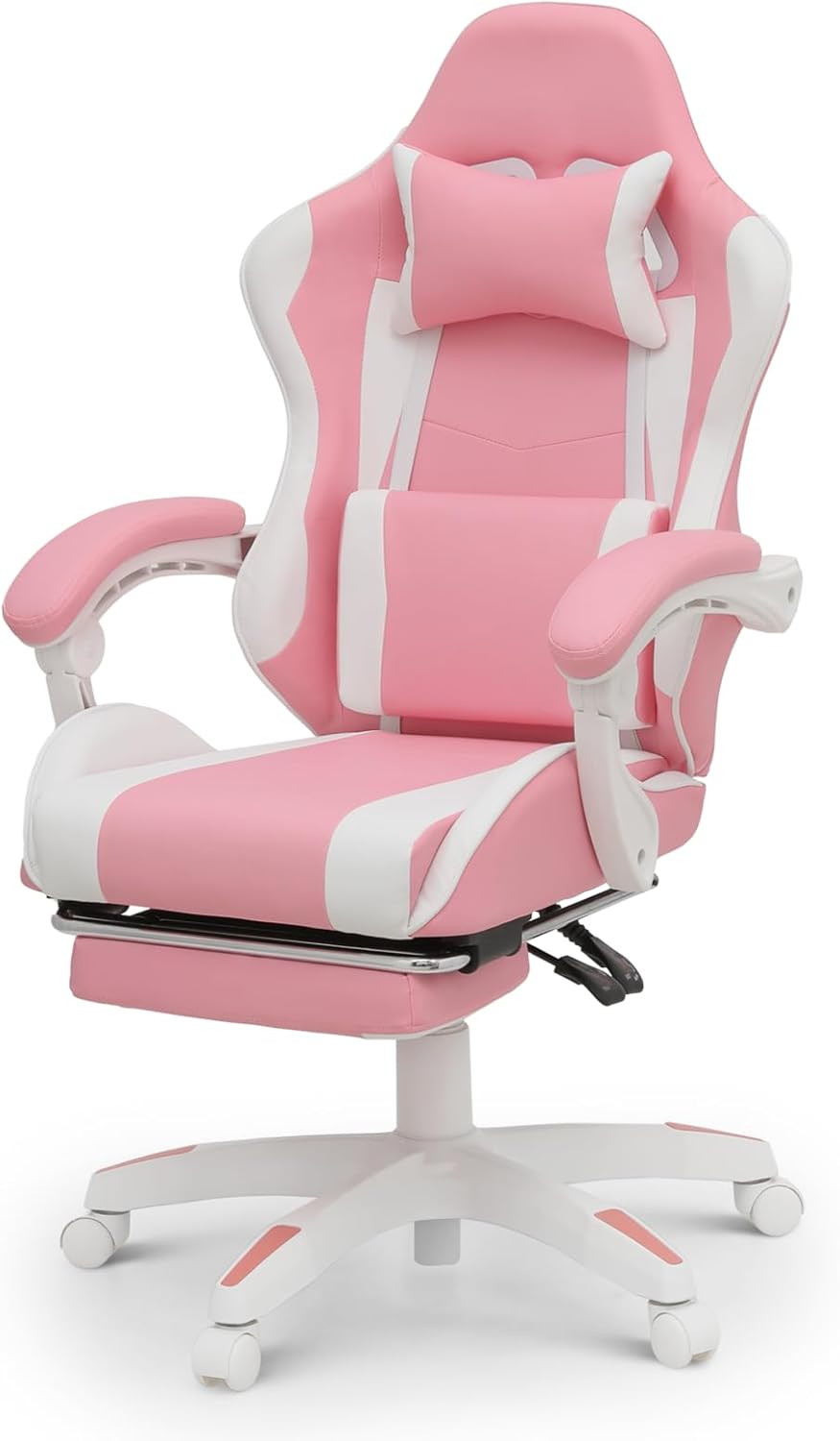 Athena Collection Ergonomic Gaming Chair with Footrest & Headrest Lumbar Support, Height Adjustable Swivel Office Chair Leather High Back Computer Desk Chair Reclining Chair for Adults Kids, Pink