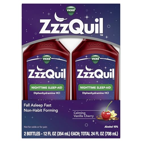 Image of ZzzQuil Liquid Sleep Aid, Diphenhydramine 50mg HCl, Calming Vanilla Cherry Flavored, Nighttime Sleep Aid Liquid, Sleep Aids for Adults, 2 Pack, 24 FL OZ