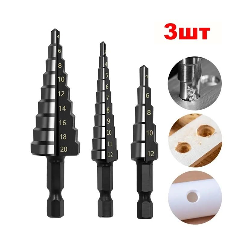 3Pcs 3-12mm 4-12mm 4-20mm HSS Straight Groove Step Drill Bit Nitriding Bit Wood Metal Hole Cutter Core Cone Drilling Tools Set DIOBFZFY
