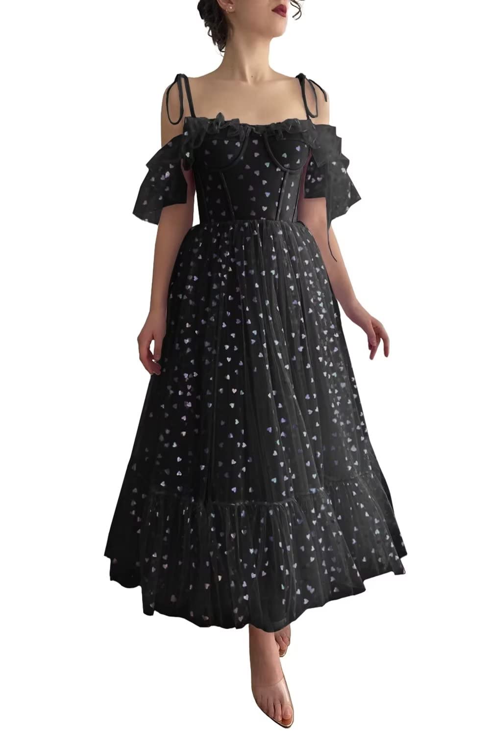 SoDigne Off Shoulder Hearty Tulle Prom Dresses Tea Length Ruffle Formal Evening Party Gown for Women