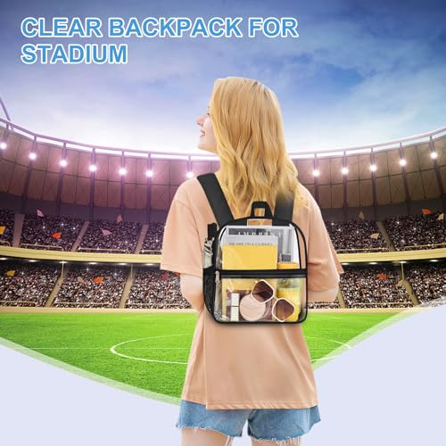 Busiuw Clear Backpack for Stadium Events 12x12x6 Mini Small Clear Backpack with Front Pocket for Concert Sport Events Work Travel(Black)
