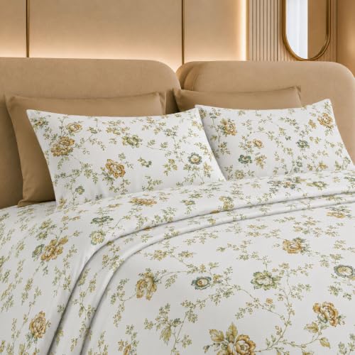 Image of Jaipur Weaves Cotton Linen Feel King Size Bedsheet 108x108 Super King, 100% Pure Cotton Bed Sheet with 2 Pillow Covers, 300 TC Soft Breathable Floral Design Bedding -(Vintage Yellow, Super King)