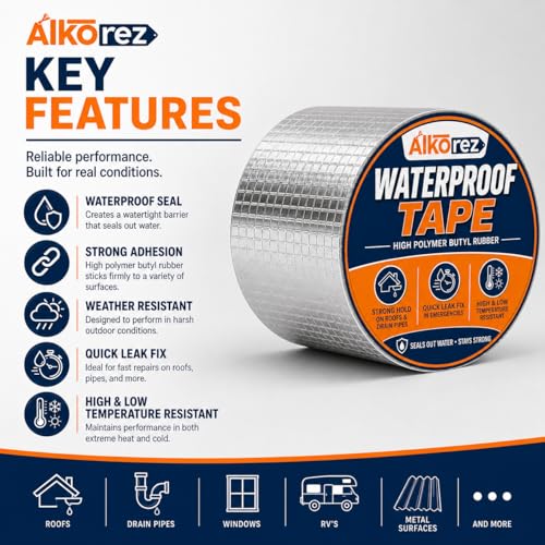 Image of Super Strong Adhesive Waterproof tape Permanent Repair Roof Water Leakage Solution Rubber Foil Suitable for Roof Leak, surface Crack, Window Sill Gap, Tank Leak (4 Inch (10CM*5M))
