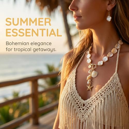 Image of Coiris Natural Seashell Choker Necklaces Earrings Jewelry Set for Women Starfish Shell Freshwater Pearl Collar Necklaces for Women Irregular Mother of Pearl Jewelry Set
