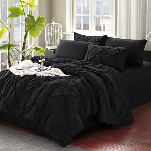 BYSURE 8 Pieces King Comforter Set(Black, Pintuck), Lightweight Bedding Comforter for All Season, Down Alternative Bedding Set with Bed Sheets and Skirts