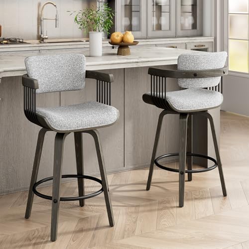 Butacos REONEY estilo mid-century, estructura de madera curvada, tapizado en tela de lino gris oscuro | Altura 26 pulgadas, giro de 360°, brazos curvos y respaldo ergonómico para islas de cocina y bares en casa miniatura 1