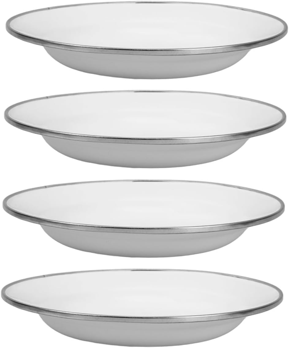 Luxshiny Vintage White Enamel Appetizer Plates 22cm Thickened Retro Style Food Serving Dish 4pcs Set for Snacks and Fruits
