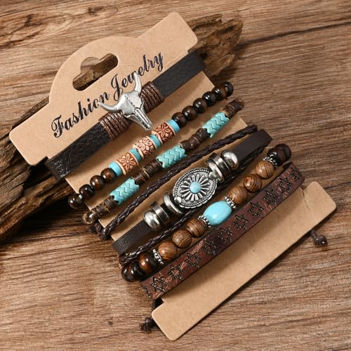 Turquoise Western Bracelets for Women Bohemian Vintage Stackable Turquoise Bracelet Rustic Beaded Cow Head Charm Stretch Bracelet Western Rustic Costume Jewelry Accessories4