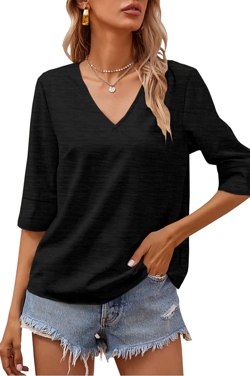 Grlasen Women Fashion Half Sleeve V-Neck T-Shirt Solid Loose Basic Tops