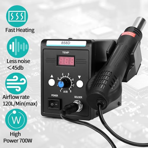 COVVY Hot Air Rework Station met LCD-display, 858D instelbare temperatuur en luchtvolume soldeerstation, met 3 heteluchtsproeiers, heteluchtstation 700W voor SMD-lassen en reparatie - Afbeelding 6
