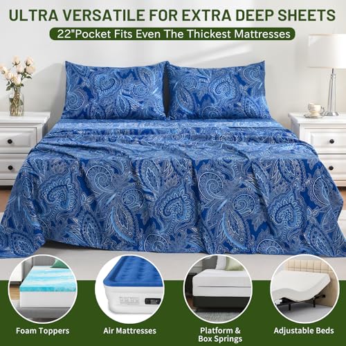 Image of Bedlifes Extra Deep Pocket 18-24 inch King 4-Piece Sheet Set - Cooling Sheets Blend Rayon Derived from Bamboo Soft & Breathable,Featuring Paisley Dark Navy Blue