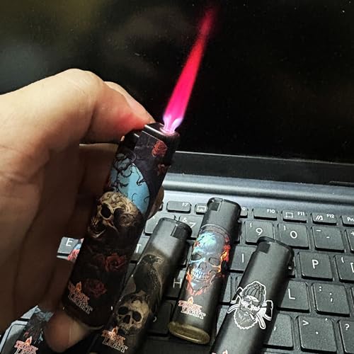 Image of Windproof Jet Flame Refillable Combo Pack of 5 Cigarette Lighter Pocket Lighter (Skull-Design Black)