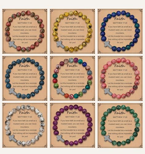 BROCC 9Pcs Cross Bracelets for Women Men Religious Cross Beaded Bracelet Christian Faith Gifts for Women Mother Girlfriend Grandma Wife with Prayers Card