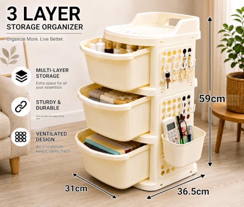 Image of KITCHIVO 3 Layer Multipurpose Plastic Storage Drawer Organizer with Top Tray & Side Hanging Basket for Kitchen, Bathroom, Bedroom, Office, Makeup, Cutlery & Home Organization