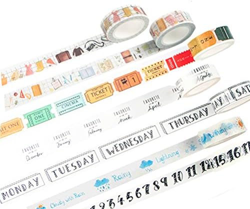 Washi Tape Set of 7 Rolls - Travel Planner Daily Life Diary Number Weather Week Date Notebooks Decorative DIY Japanese Masking Adhesive Sticky Paper Washi Tape Set (Width: 15mm)