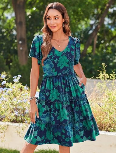 Image of Zeagoo Summer Tiered Mini Dress with Pockets Ruffle Sleeve V-Neck Casual Dress A Line Boho Flowy Sundress 2025 Vacation