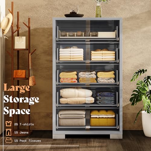 Image of AMERLIFE 50.2 inch H Modern 5 Drawer Dresser, Glossy Surface Chest of Drawers, Large Storage Organizer for Bedroom, Living Room, Cloakroom, Luxury, Light Grey