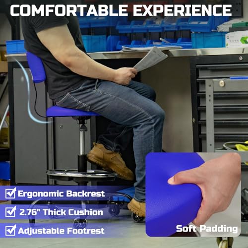 Image of Rolling Shop Stool with Wheels, Garage Mechanic Stool Chair with Backrest, Height Adjustable Heavy Duty Swivel Task Chair, Adjustable Footrest with Storage Tray for Garage Kitchen Salon Tattoo (Blue)