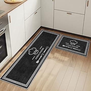 HSGLGNA Kitchen Rugs Runner Set of 2 Anti Fatigue Kitchen Floor Mat for Home Decoration Office Waterproof Non Slip Kitchen Rug Set Comfort Standing Mats (Kitchenware A, 43x75+43x150cm)