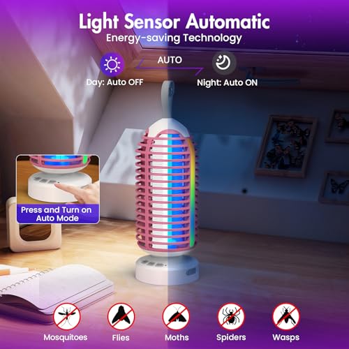 Bug Zapper Outdoor with Colorful Lighting and Auto-Sensing, 3 in 1 Cordless 4000mAh Battery Electric Fly Trap, Rechargeable Mosquito Zapper for Camping, Patios, Garden, Kitchen (1Pack-Pink) — view 3