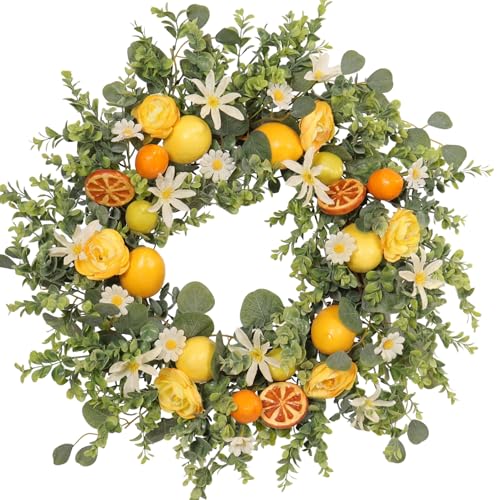Quixem 22 Inch Lemon Wreath for Front Door UV Resistant Faux Dried Orange Citrus Floral Waterproof Farmhouse Spring Summer Wreath