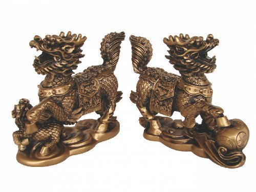 Pair of 6" Feng Shui Golden Chi Lin QiLin Kei Loons Dragon Horse Creature Statues