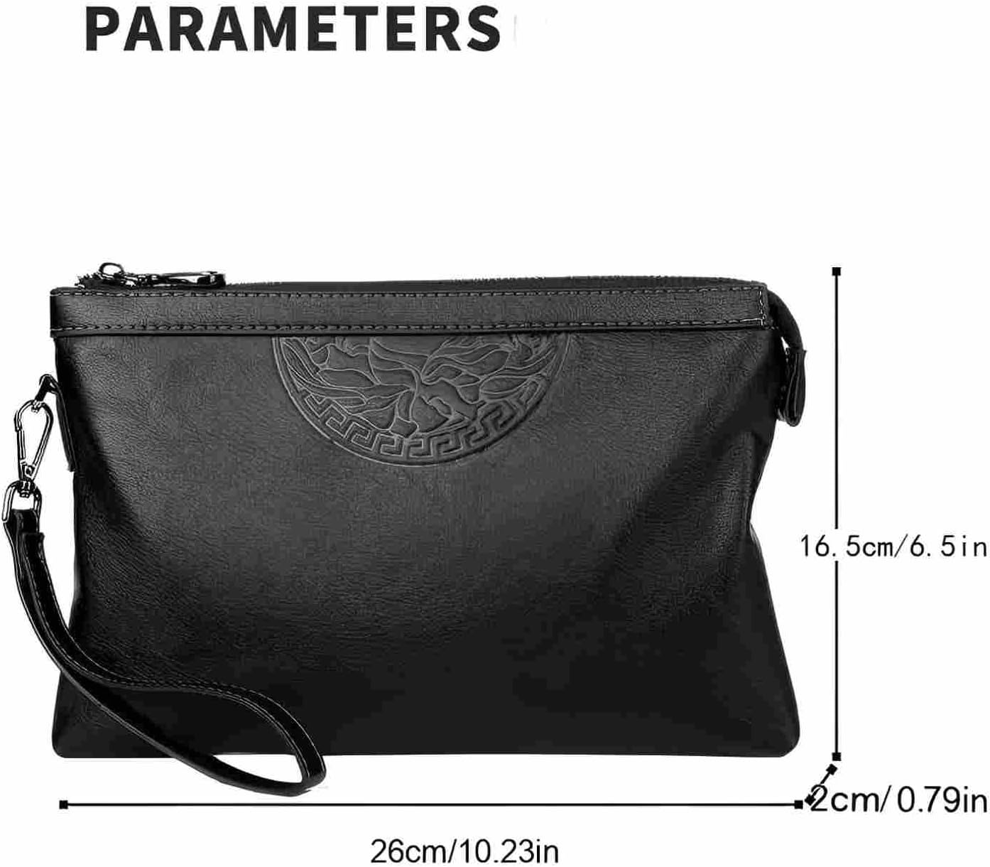 Men's Leather Clutch Bag, Business Handbag with Wrist Strap, Large Capacity Zipper Purse for Men, Black