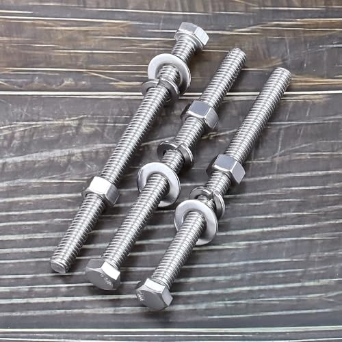 Image of (5 Sets) 1 /2-13 x 5 Hex Bolt and Nut Kit, 304 Stainless Steel (18-8), Fully Threaded, Flat & Lock Washers Included