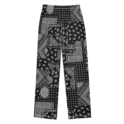 Boys' Pants Black Paisley Patchwork Pattern Long Bottoms Jogger Pants Elastic Waist Trousers with Pockets S-XL
