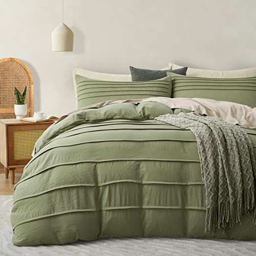 Oli Anderson Sage Green Duvet Cover Twin Size - Pleated Twin Duvet Cover, 2PCS Soft and Breathable Textured Bedding Set with Zipper Closure(Sage Green