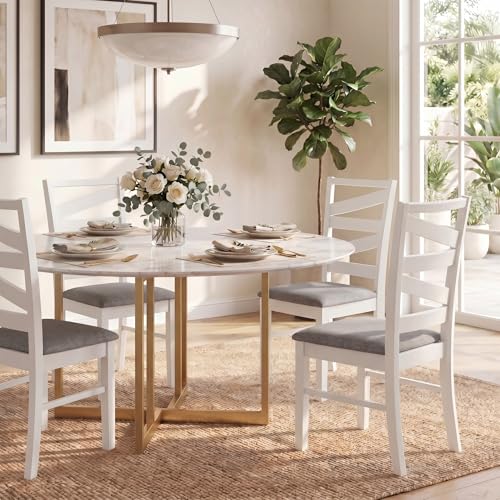 Image of COSTWAY Wooden Dining Chairs Set of 2, Farmhouse Kitchen Side Chair with High Back, Fabric Padded Seat, Armless Chairs for Dining Room, Living Room, Home Kitchen, Restaurant (White & Grey)