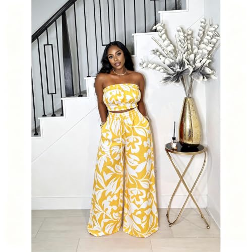 Image of Two Piece Sets for Women Summer Outfits Crop Tops and Wide Leg Pants Sets Sexy Jumpsuits Vacation Outfits with Pockets