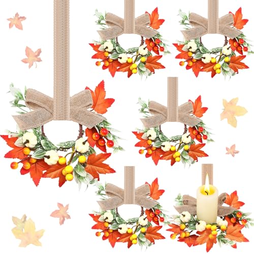 Suncalla 6 Pcs Mini Fall Wreaths for Kitchen Cabinet 6 Inch Autumn Pumpkin Candle Ring Wreaths with Berry Ribbon Bows Thanksgiving Small Pumpkin Decor for Door Table Wall Window Decor