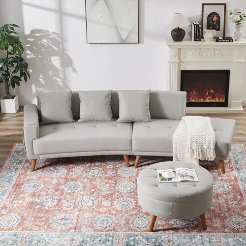Image of LIANGFU 107" Contemporary Sofa, Stylish Sofa, Curved Couch, Modern Couches for Living Room, Mid Century Couch, Comfortable Couch, Retro Couch, Sofa Couch with a Round Storage Ottoman (Grey)