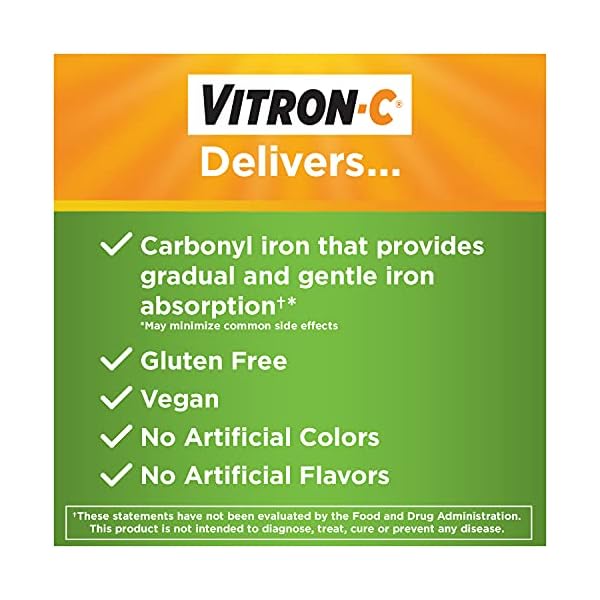 Vitron-C-High-Potency-Iron-Supplement-with-125-mg-Vitamin-C-60-Count Vitron-C Iron Supplement, Once Daily, High Potency Iron Plus Vitamin C, Supports Red Blood Cell Production, Dye Free Tablets, 60 Count