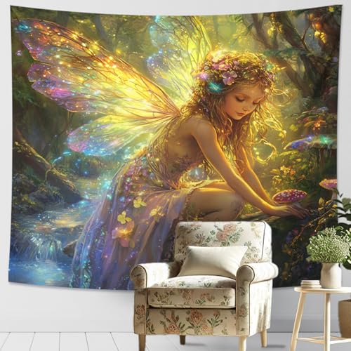 Tapiz mágico de bosque de hadas, colorido y luminoso para colgar en la pared, decoración para dormitorio, sala de estar, estética bohemia, celebración de festivales, 152 x 101 cm