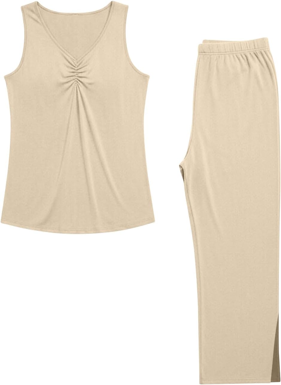 Xiaojmake Women Sleeveless Pajamas Sets 2 Piece Lounge Set Summer Airport Travel Outfit 2026 Soft Pjs Loungewear with Pockets