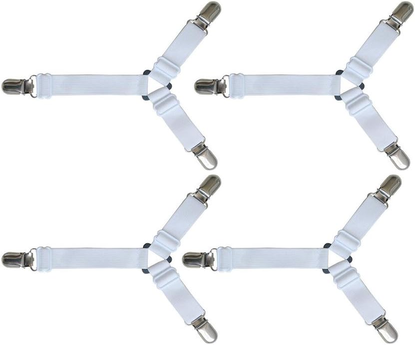 SERODA Adjustable Triangle Bed/Fitted Sheet Straps Suspenders For All Bed, Crib,Couch,Ironing Board,Sofa and Table,White (4 Pcs 3-Way Staps)