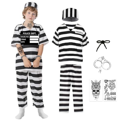 nezababycos 6PCS Kids Prisoner Costume Black White Striped Inmate Outfit Halloween Jail Criminal Shirt Pants for Boys Grils (150)