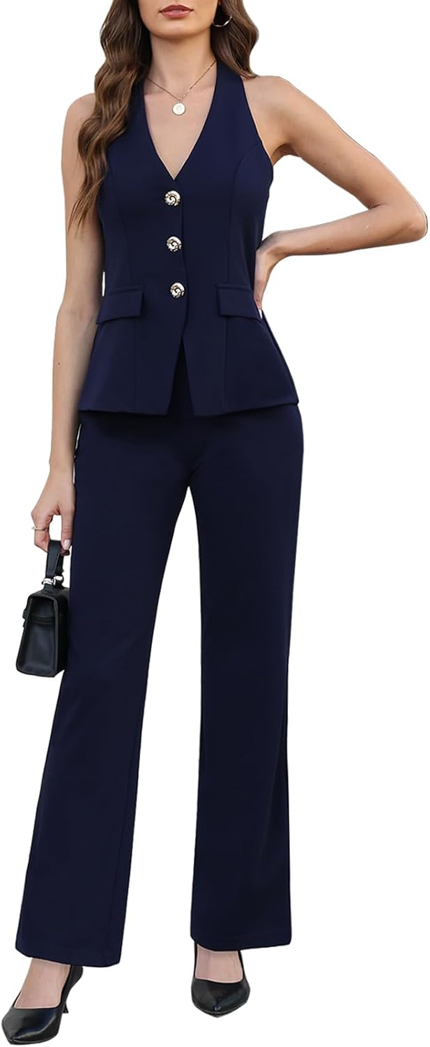 Agenlulu Women's 2 Piece Sets Dressy Casual Sleeveless Blazer Vest Straight Leg Pants Suits Summer Office Work Outfits